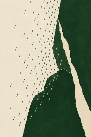 A field of small dashes drifting like rain in cream, forest green; portrait artwork.
