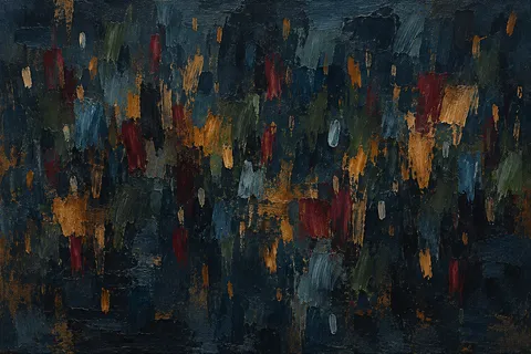 A field of small dashes drifting like rain in black, charcoal, brown; landscape artwork.