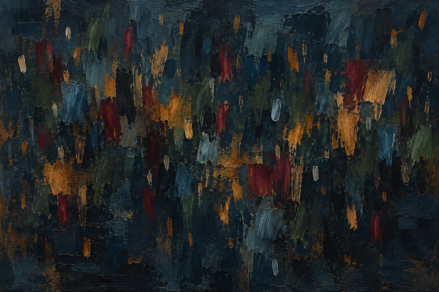 A field of small dashes drifting like rain in black, charcoal, brown; landscape artwork.