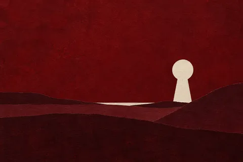 A keyhole shape in a broad field in burgundy, black; landscape artwork.