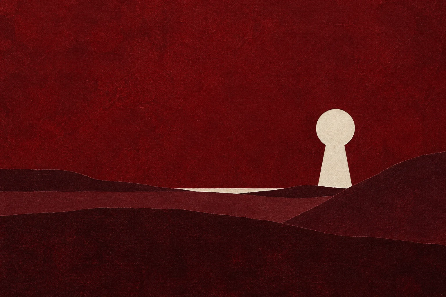 A keyhole shape in a broad field in burgundy, black; landscape artwork.