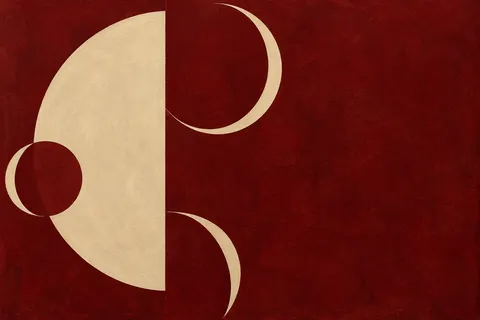 Scattered crescents of different weights in burgundy, stone; landscape artwork.