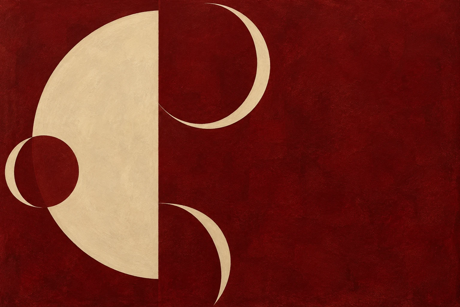 Scattered crescents of different weights in burgundy, stone; landscape artwork.