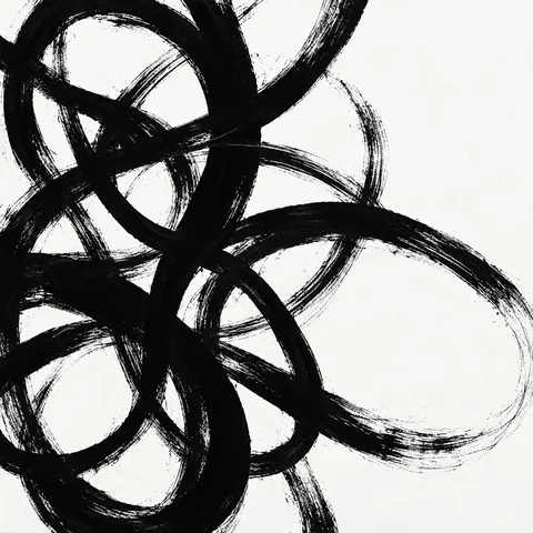 A knot of looping line in white, black, gray; square artwork.