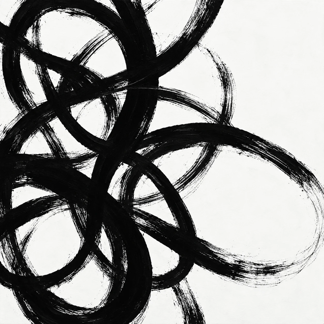 A knot of looping line in white, black, gray; square artwork.