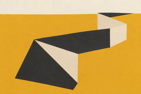 A ribbon shape folding back on itself in yellow, cream, charcoal; landscape artwork.