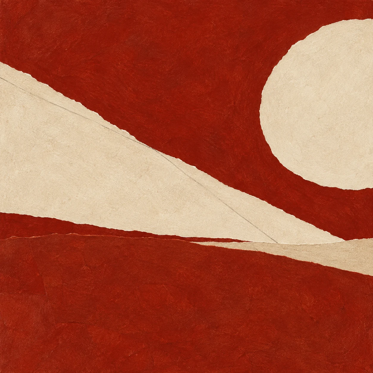 A diagonal plane of light crossing a textured field in rust, cream; square artwork.