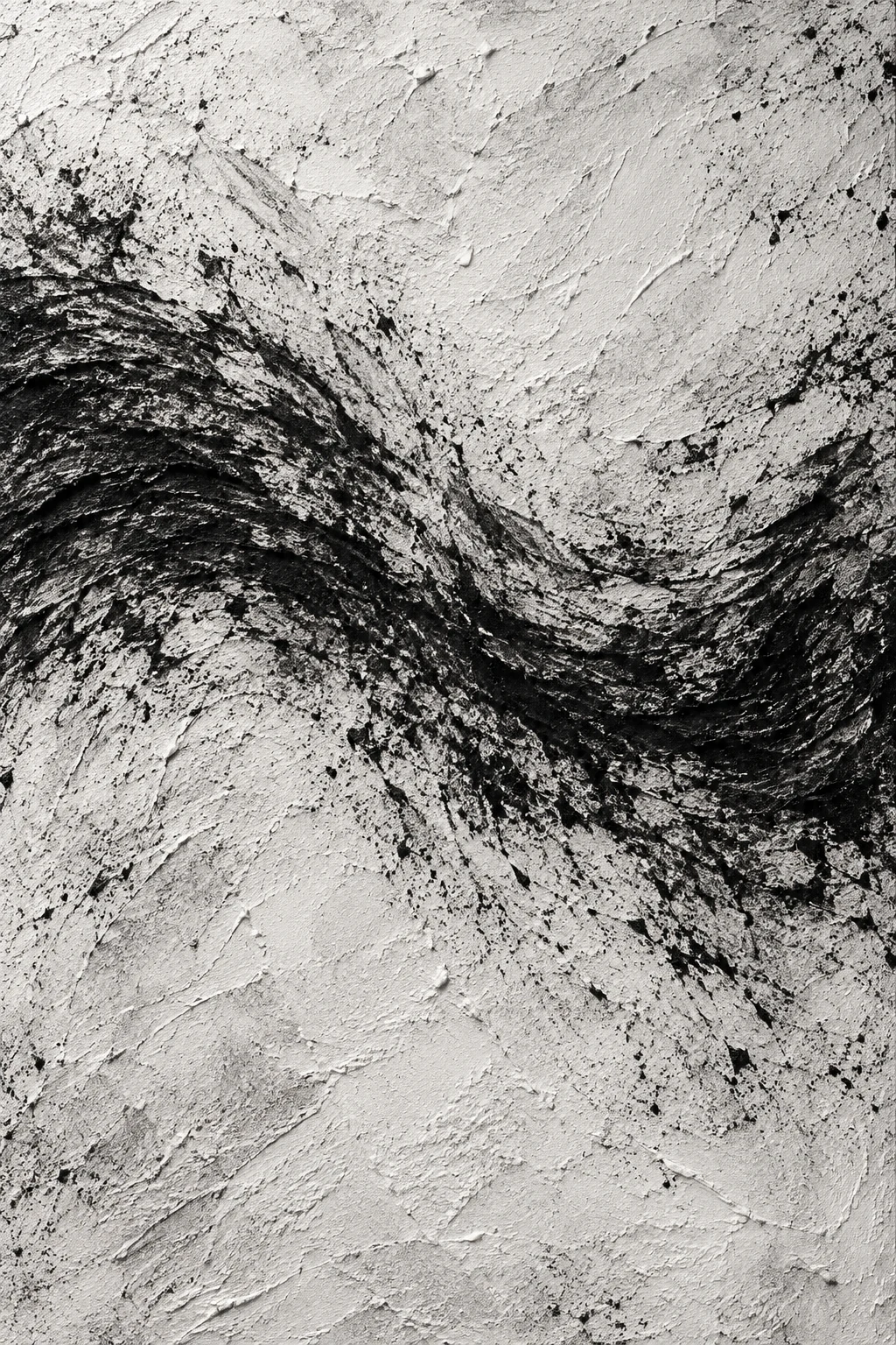 A slow wave line across the middle in stone, black, cream, charcoal; portrait artwork.