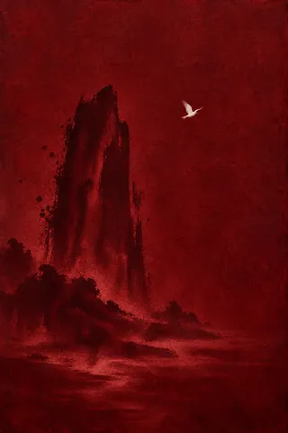 A monolith form standing left of center in burgundy, black; portrait artwork.