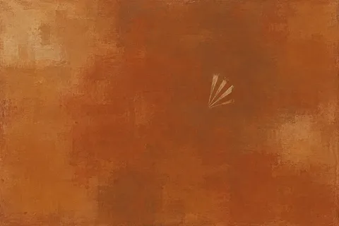 A fan of tapering strokes in rust, terracotta, ochre; landscape artwork.