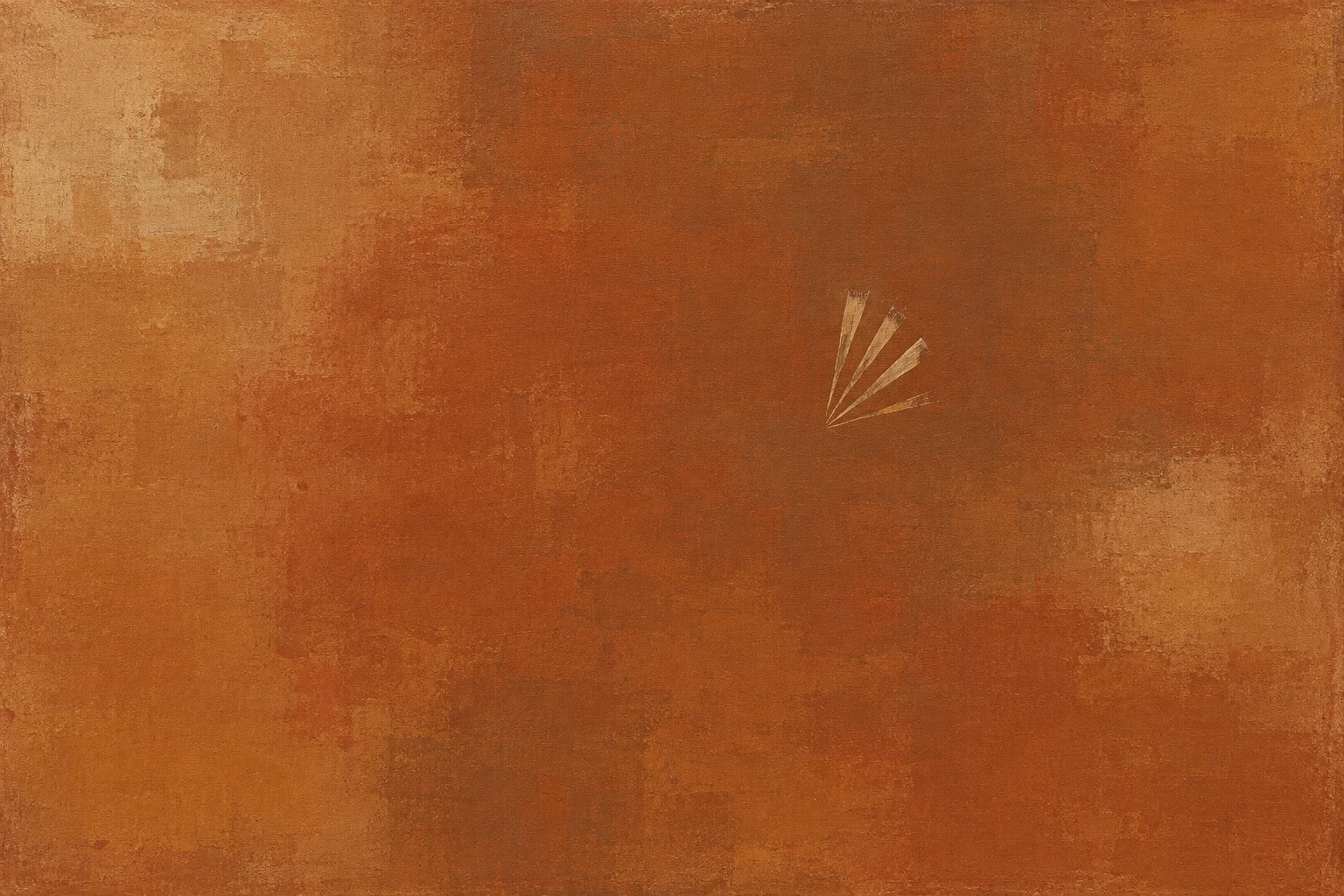 A fan of tapering strokes in rust, terracotta, ochre; landscape artwork.