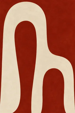 Nested U shapes in rust, cream, ochre; portrait artwork.