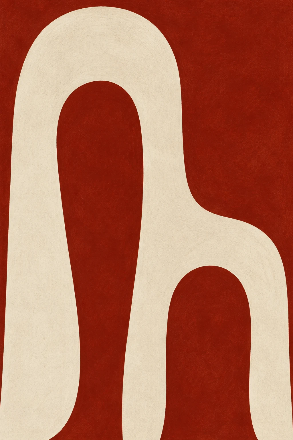 Nested U shapes in rust, cream, ochre; portrait artwork.