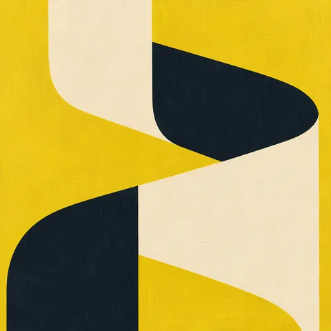 A ribbon shape folding back on itself in yellow, cream, black; square artwork.