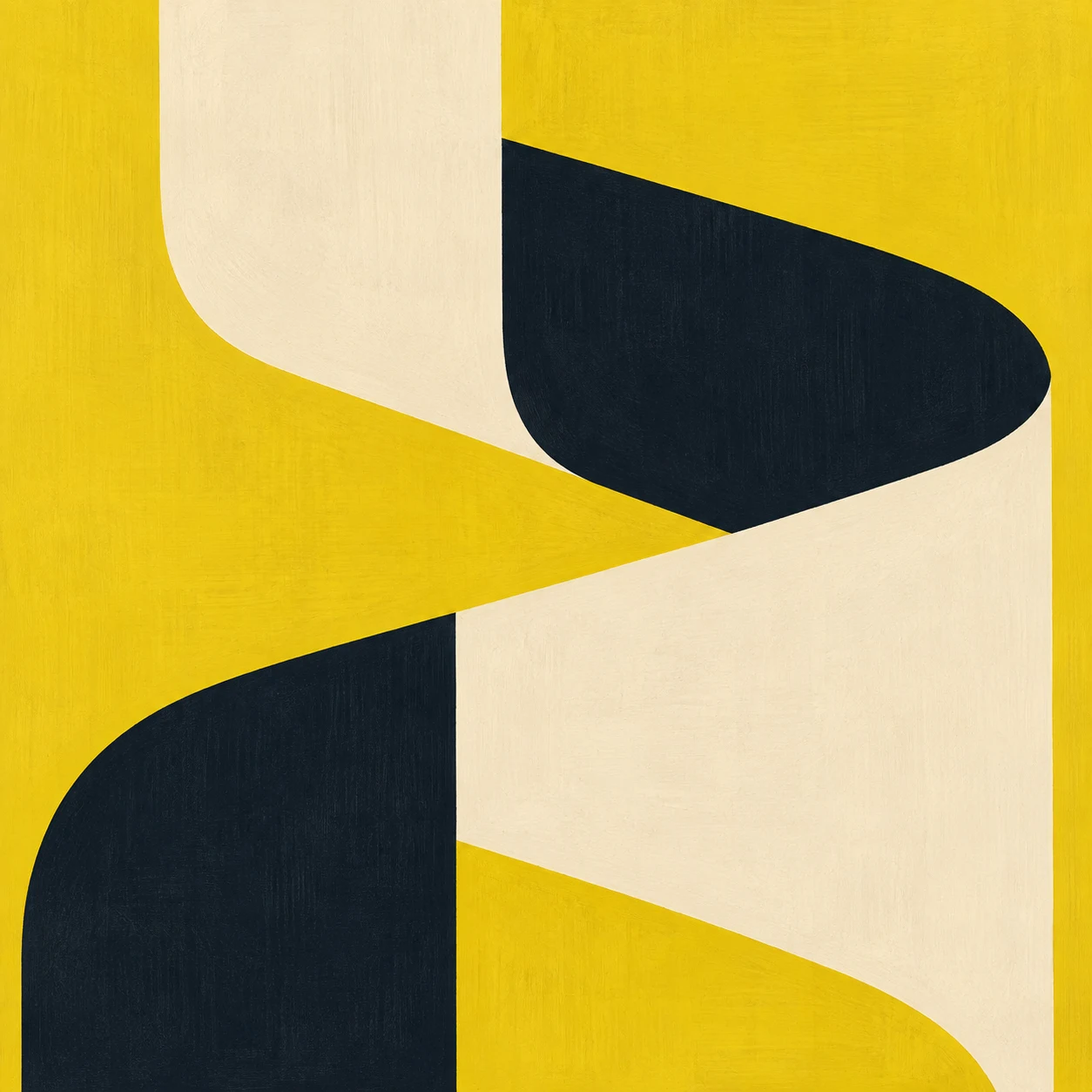 A ribbon shape folding back on itself in yellow, cream, black; square artwork.