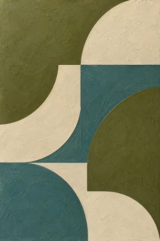 Four quarter-circles turned different ways in green, olive, brown, stone; portrait artwork.