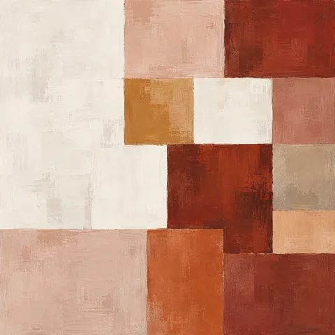 A loose grid of soft squares with one missing in rust, stone, cream, white; square artwork.