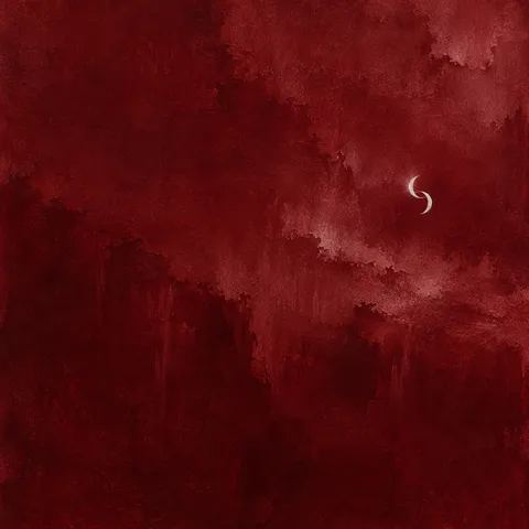 Two interlocking crescents in burgundy, black, rust; square artwork.