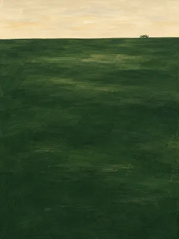 A knot of looping line in forest green, cream; portrait artwork.