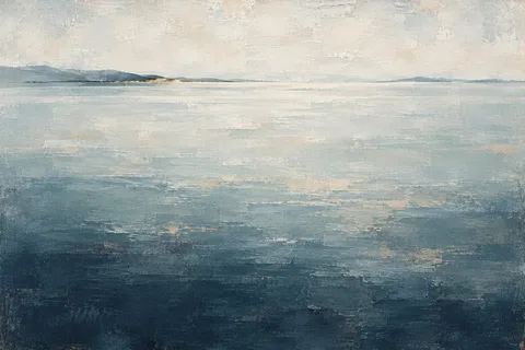 A single horizon line set very high in the field in cream, stone, navy, blue; landscape artwork.