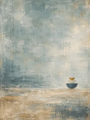 Three stacked bowls drawn as flat shapes in stone, gray, cream, sand; portrait artwork.