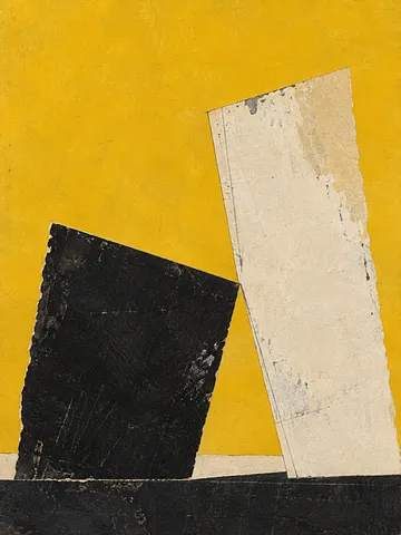 Two leaning rectangles touching at a corner in yellow, black, cream, stone; portrait artwork.