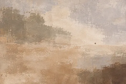 A single dot far off-center in an open field in stone, sand, sage, cream; landscape artwork.
