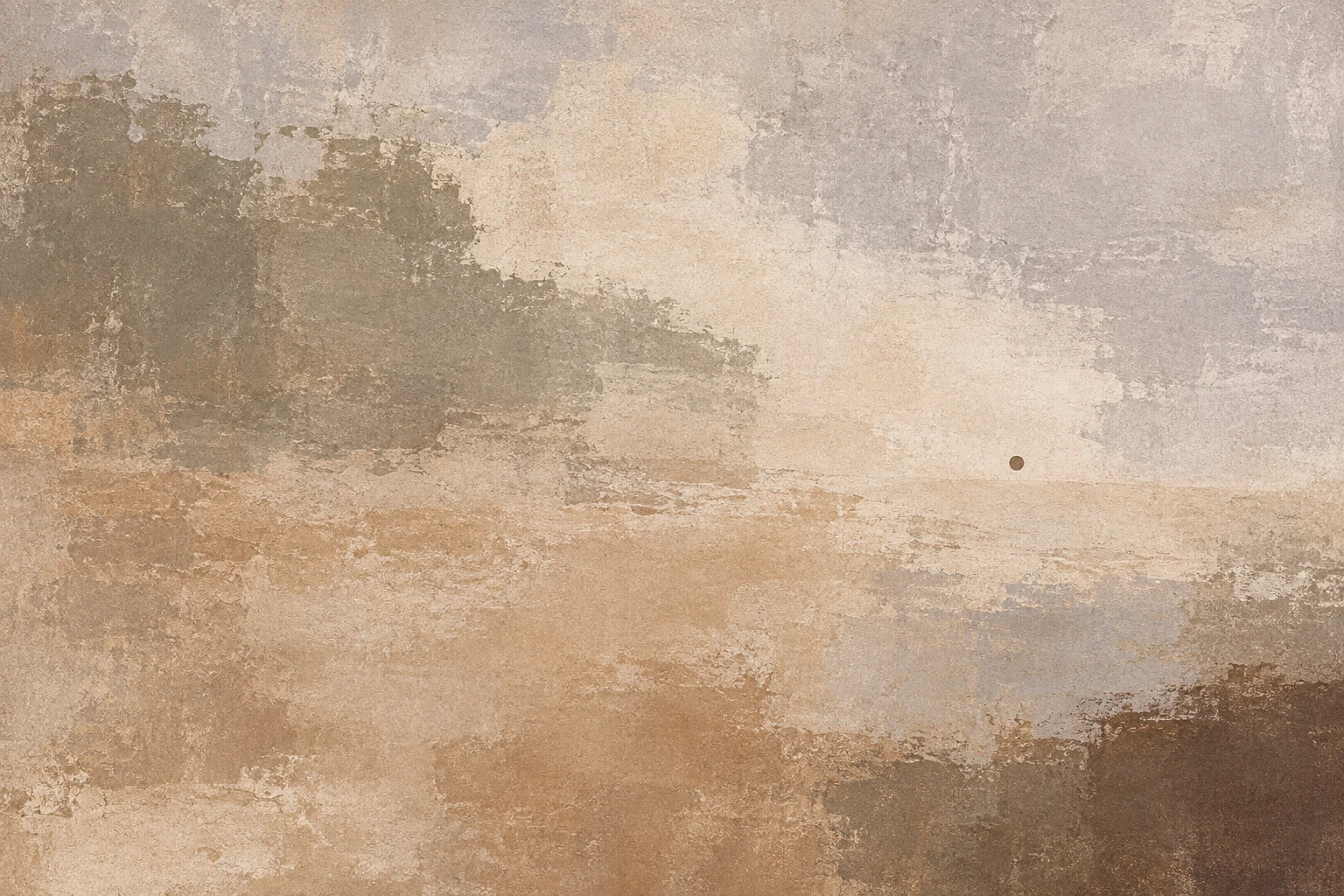 A single dot far off-center in an open field in stone, sand, sage, cream; landscape artwork.
