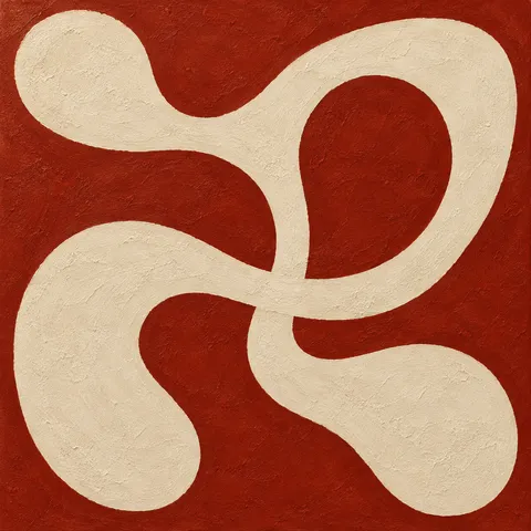 A knot of looping line in rust, cream, blush; square artwork.
