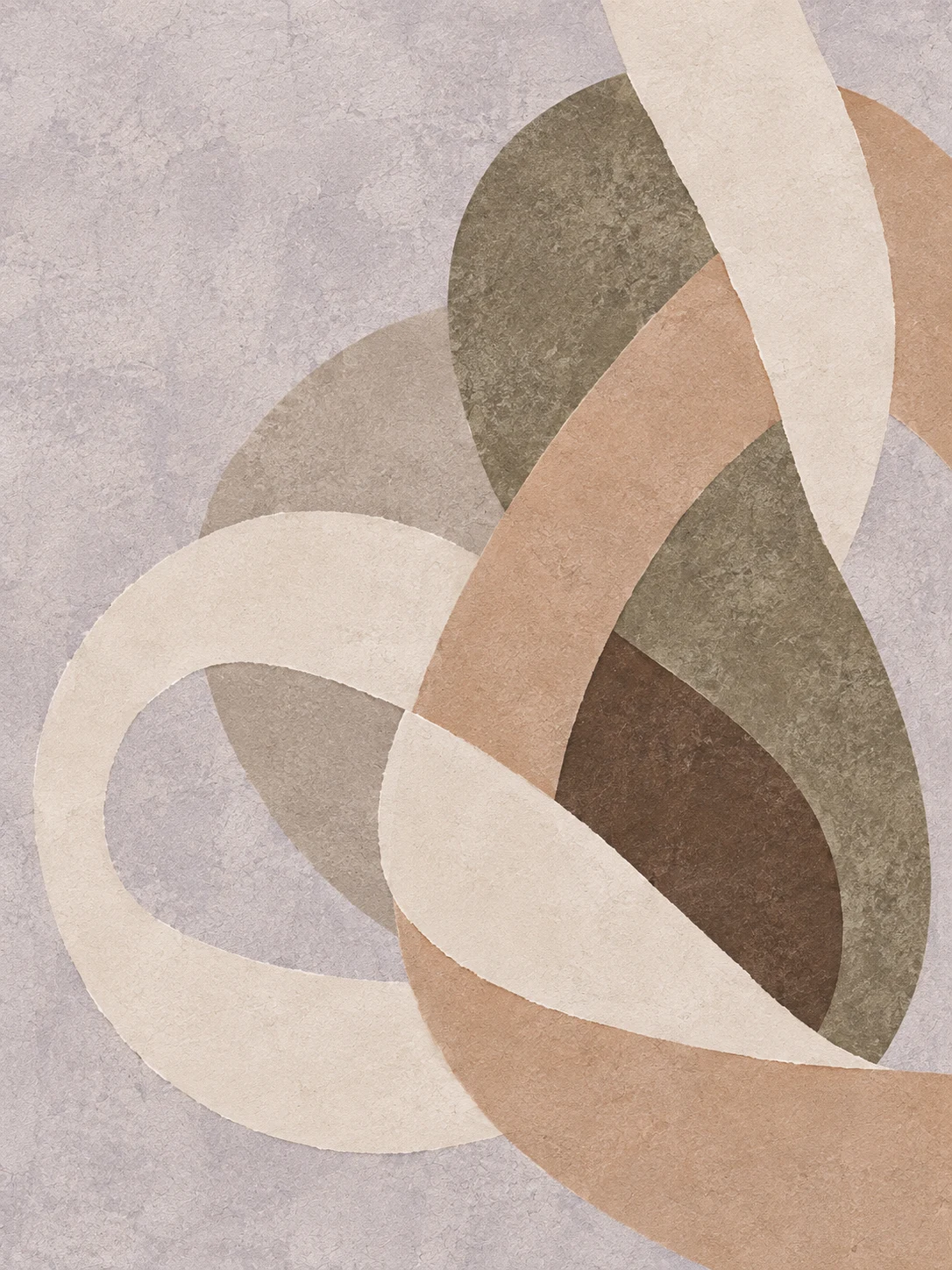 A knot of looping line in stone, cream, sand, olive; portrait artwork.