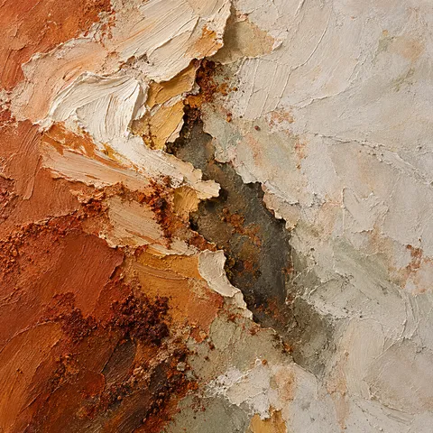 A torn edge revealing a darker layer beneath in stone, sand, terracotta, burgundy; square artwork.