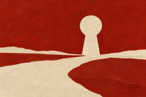 A keyhole shape in a broad field in rust, cream, red; landscape artwork.