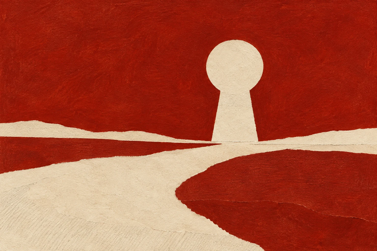 A keyhole shape in a broad field in rust, cream, red; landscape artwork.