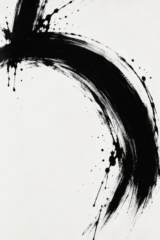 A single wide arc crossing the field in white, black, gray; portrait artwork.
