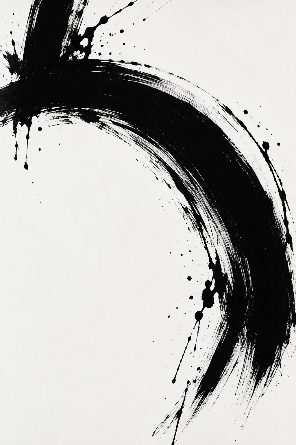 A single wide arc crossing the field in white, black, gray; portrait artwork.