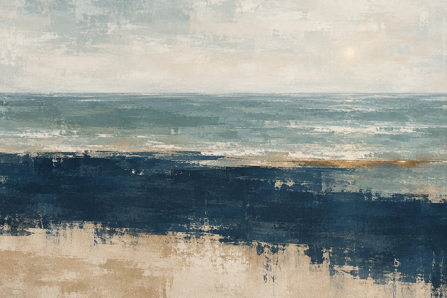 A wide band with a frayed lower edge in cream, gray, stone, navy; landscape artwork.