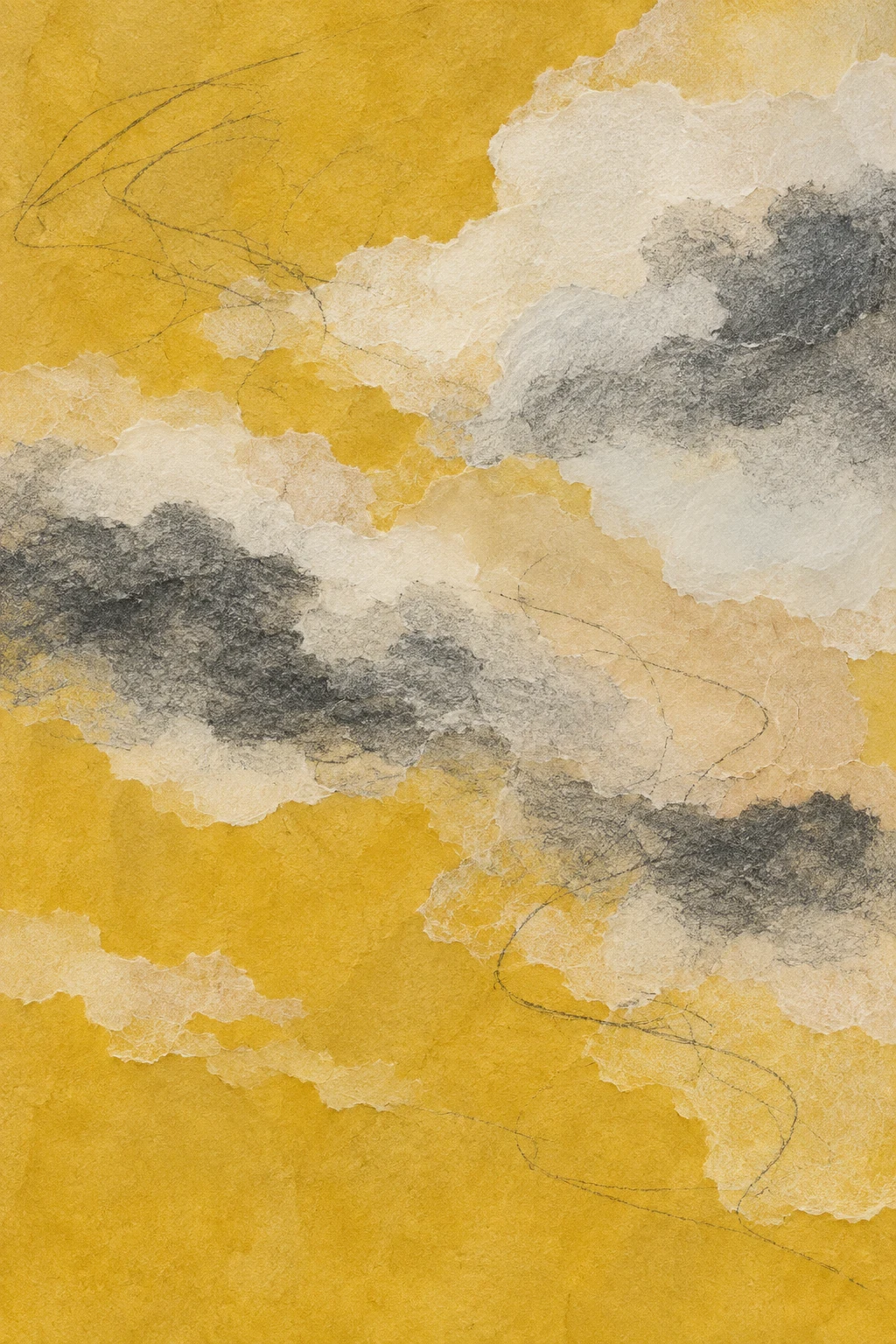 Soft cloud-like forms drifting left in yellow, sand, cream, taupe; portrait artwork.