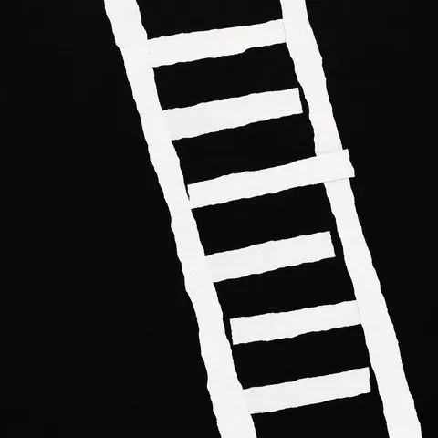 A ladder of short horizontal strokes in black, white, charcoal; square artwork.