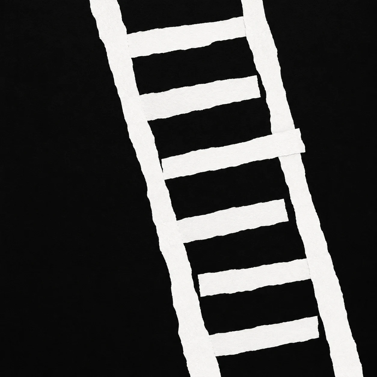 A ladder of short horizontal strokes in black, white, charcoal; square artwork.
