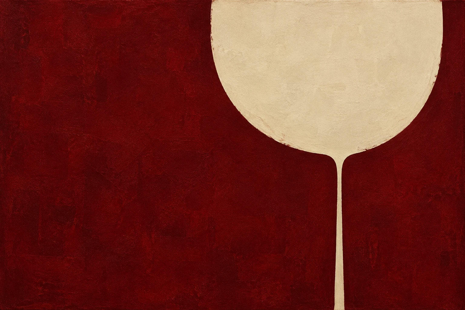 One heavy block balanced on a thin stem in burgundy, stone; landscape artwork.