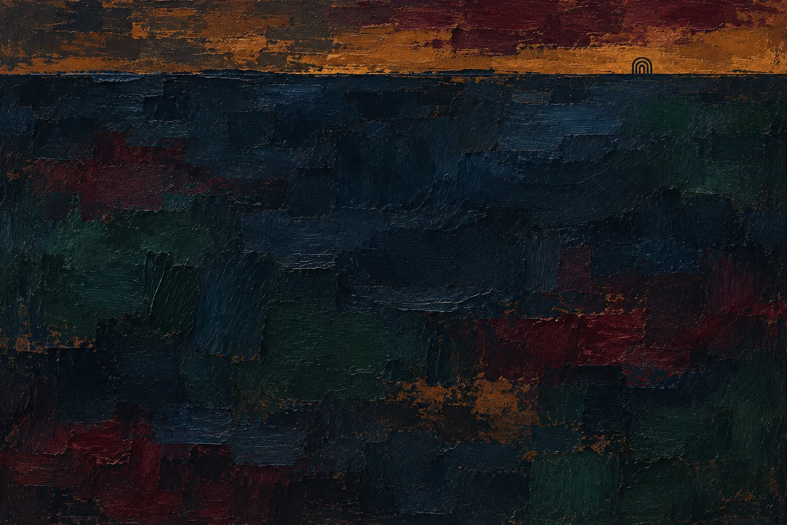 Nested U shapes in black, burgundy; landscape artwork.