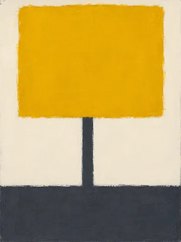 One heavy block balanced on a thin stem in yellow, cream, charcoal; portrait artwork.