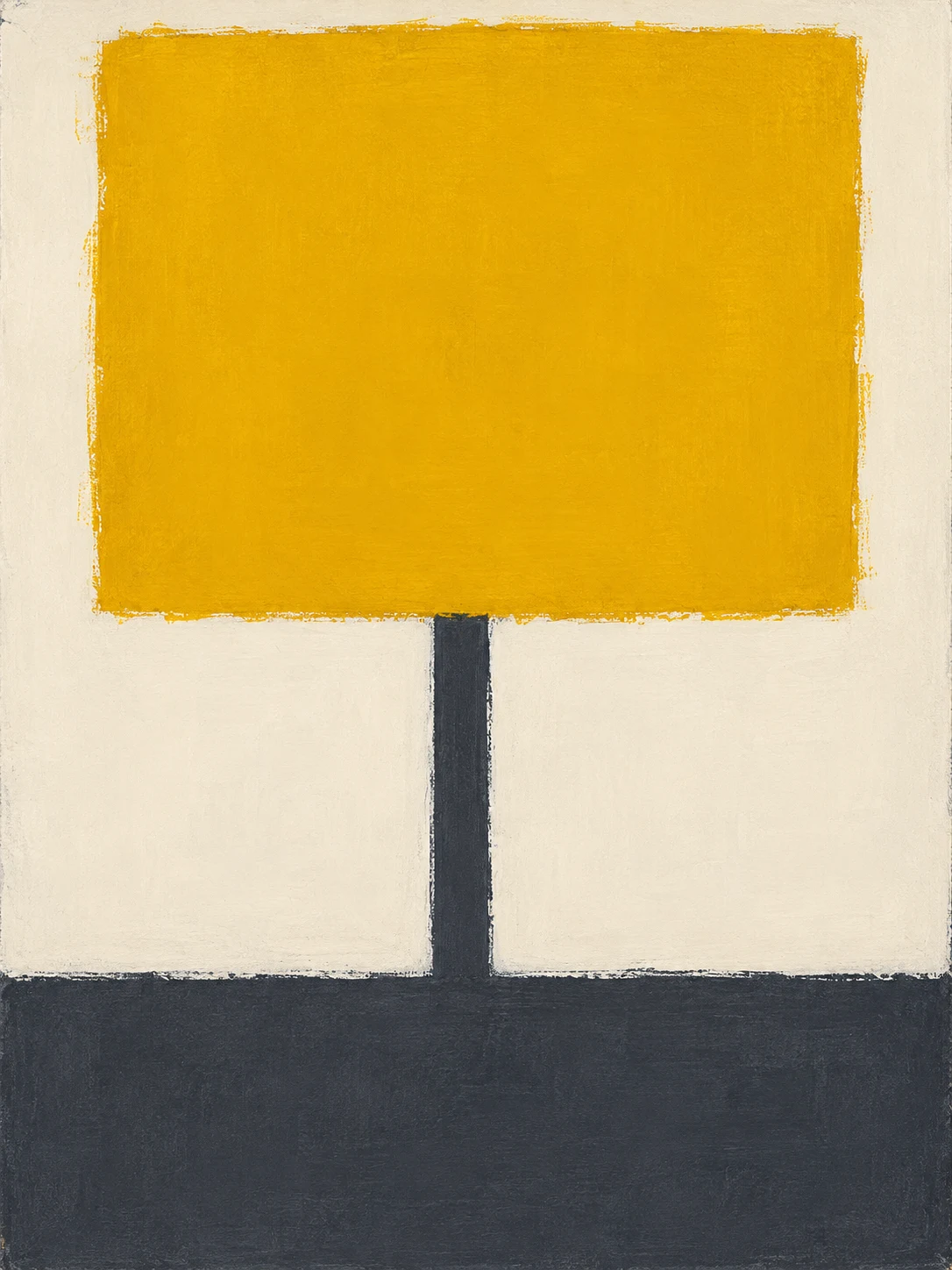One heavy block balanced on a thin stem in yellow, cream, charcoal; portrait artwork.