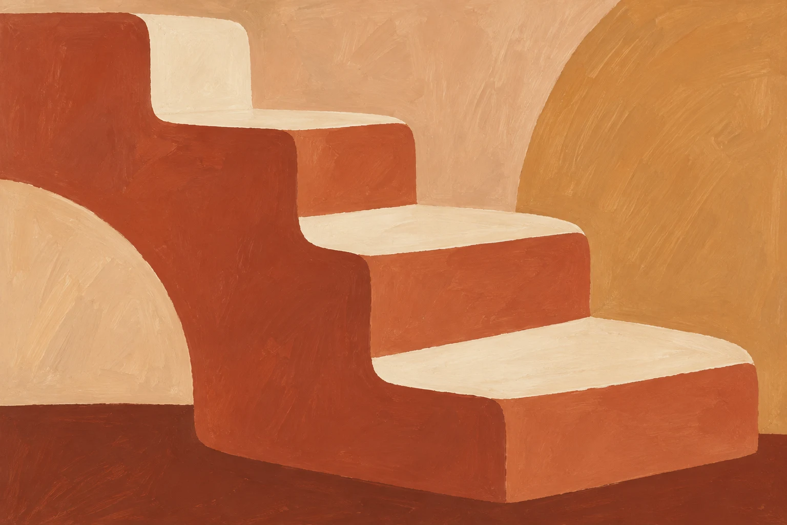 A stepped form like a quiet staircase in rust, terracotta, blush, ochre; landscape artwork.