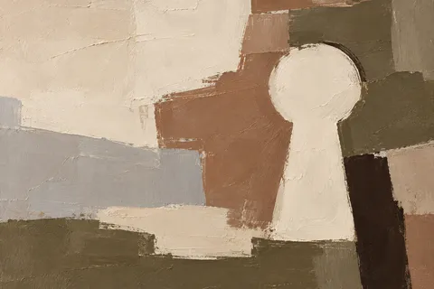 A keyhole shape in a broad field in cream, brown, sand, olive; landscape artwork.