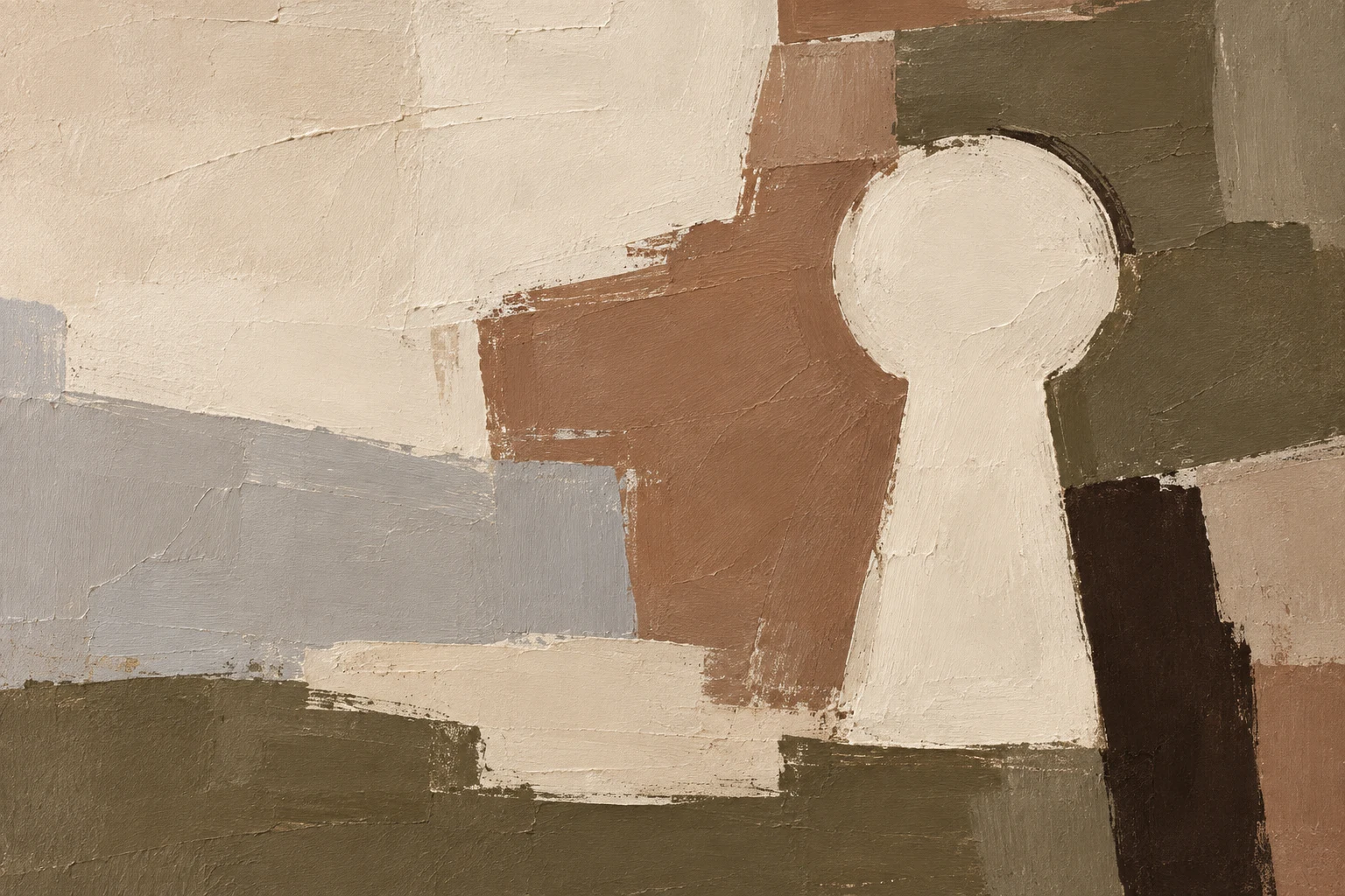 A keyhole shape in a broad field in cream, brown, sand, olive; landscape artwork.