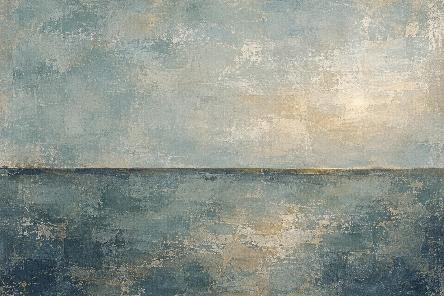 A low horizontal shelf shadow across the whole width in gray, stone, green, cream; landscape artwork.