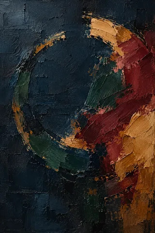 A broken circle with a gap at the top in black, burgundy, olive, charcoal; portrait artwork.