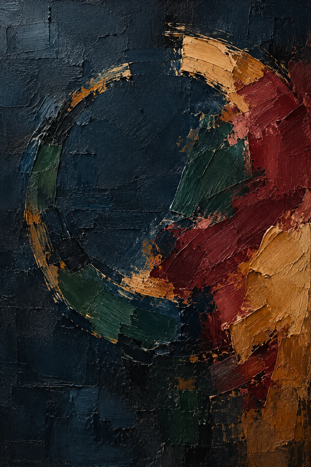 A broken circle with a gap at the top in black, burgundy, olive, charcoal; portrait artwork.