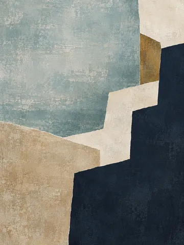 A stepped form like a quiet staircase in black, gray, stone, sand; portrait artwork.